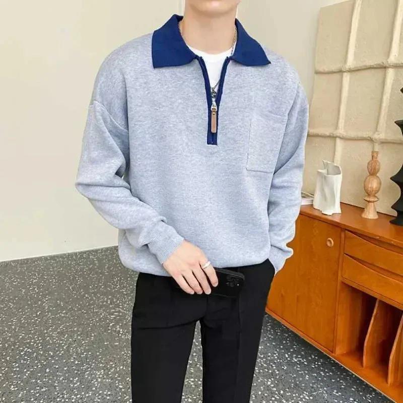 Wiaofellas  -  Knitted Sweaters for Men Zipper Spliced Man Clothes Pullovers With Pockets Brown Polo Zip-up Heated Cheap Korean Autumn A S