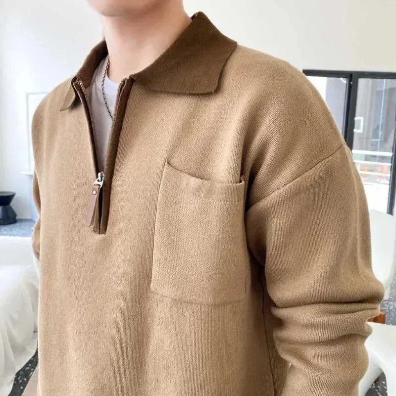 Wiaofellas  -  Knitted Sweaters for Men Zipper Spliced Man Clothes Pullovers With Pockets Brown Polo Zip-up Heated Cheap Korean Autumn A S