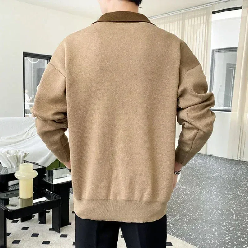 Wiaofellas  -  Knitted Sweaters for Men Zipper Spliced Man Clothes Pullovers With Pockets Brown Polo Zip-up Heated Cheap Korean Autumn A S