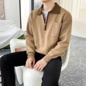 Wiaofellas  -  Knitted Sweaters for Men Zipper Spliced Man Clothes Pullovers With Pockets Brown Polo Zip-up Heated Cheap Korean Autumn A S