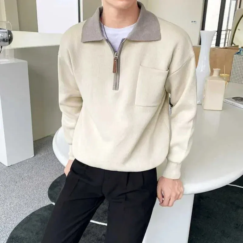 Wiaofellas  -  Knitted Sweaters for Men Zipper Spliced Man Clothes Pullovers With Pockets Brown Polo Zip-up Heated Cheap Korean Autumn A S