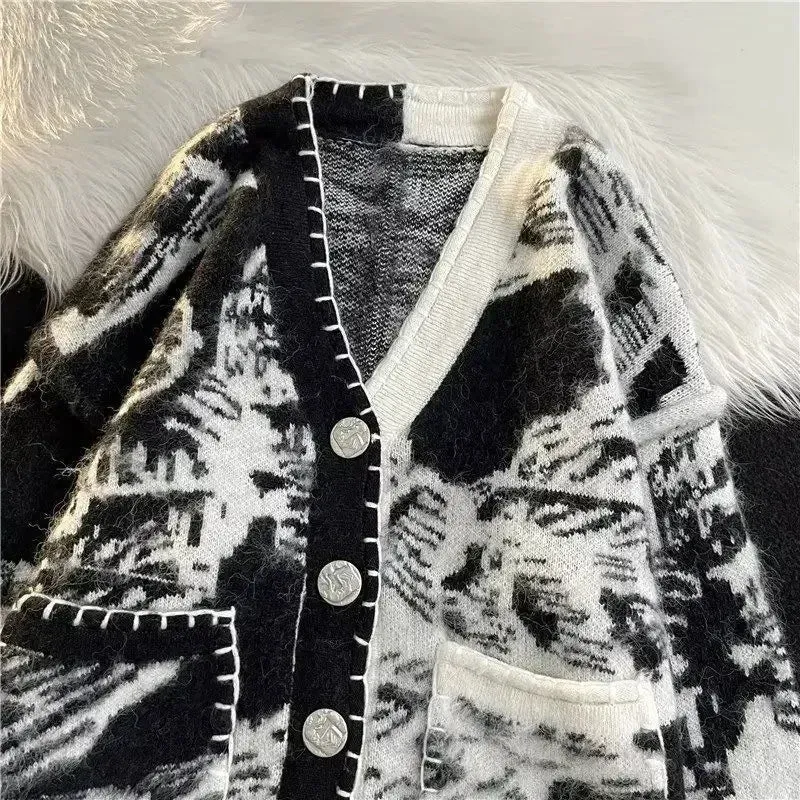 Wiaofellas  -  Man Clothes Black Y2k Vintage Tie Dye Knitted Sweaters for Men Cardigan V Neck Aesthetic with Pockets Maletry A Winter Fun