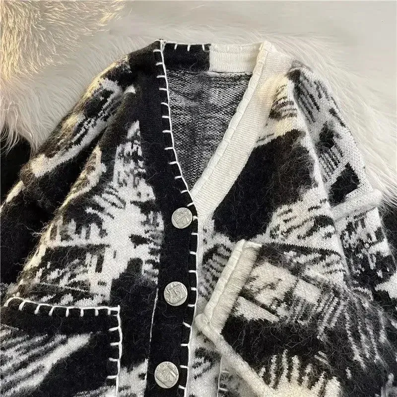 Wiaofellas  -  Man Clothes Black Y2k Vintage Tie Dye Knitted Sweaters for Men Cardigan V Neck Aesthetic with Pockets Maletry A Winter Fun
