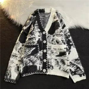 Wiaofellas  -  Man Clothes Black Y2k Vintage Tie Dye Knitted Sweaters for Men Cardigan V Neck Aesthetic with Pockets Maletry A Winter Fun