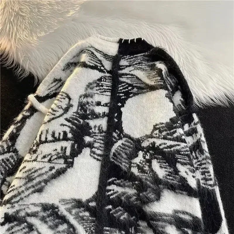 Wiaofellas  -  Man Clothes Black Y2k Vintage Tie Dye Knitted Sweaters for Men Cardigan V Neck Aesthetic with Pockets Maletry A Winter Fun