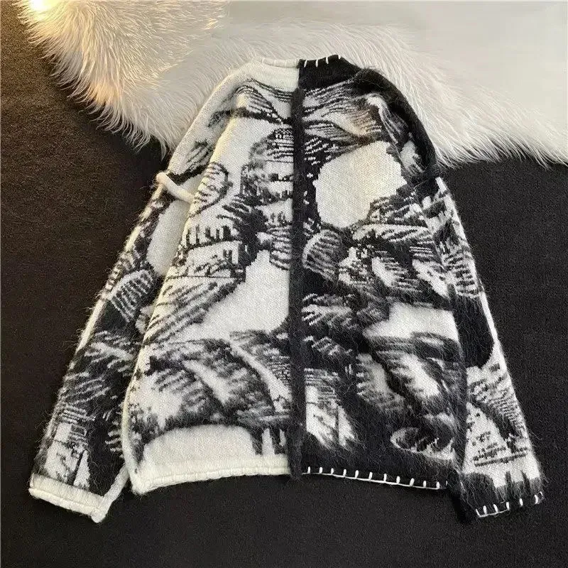 Wiaofellas  -  Man Clothes Black Y2k Vintage Tie Dye Knitted Sweaters for Men Cardigan V Neck Aesthetic with Pockets Maletry A Winter Fun