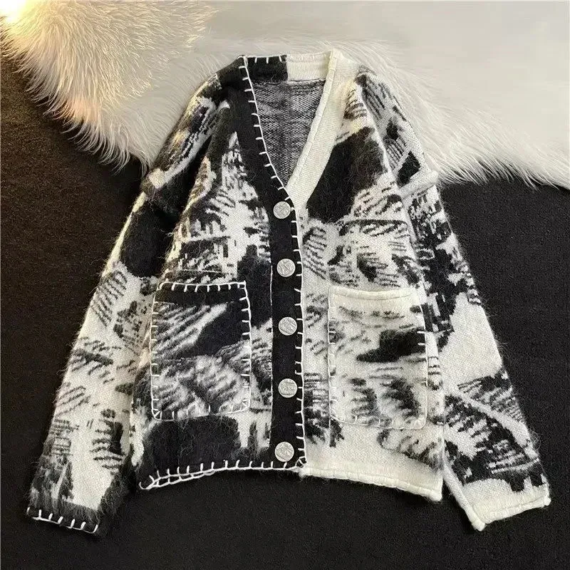 Wiaofellas  -  Man Clothes Black Y2k Vintage Tie Dye Knitted Sweaters for Men Cardigan V Neck Aesthetic with Pockets Maletry A Winter Fun