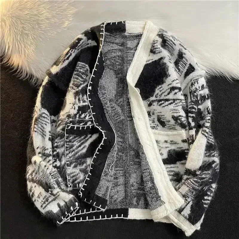 Wiaofellas  -  Man Clothes Black Y2k Vintage Tie Dye Knitted Sweaters for Men Cardigan V Neck Aesthetic with Pockets Maletry A Winter Fun