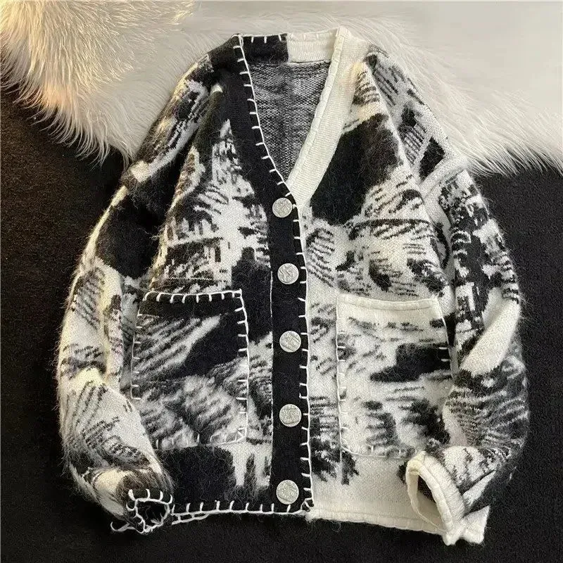 Wiaofellas  -  Man Clothes Black Y2k Vintage Tie Dye Knitted Sweaters for Men Cardigan V Neck Aesthetic with Pockets Maletry A Winter Fun