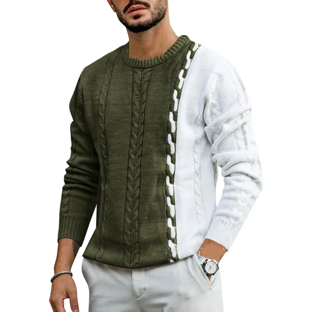 Wiaofellas  -  Mens Tops Casual Versatile Fashionable Cable Knit Contrast Design Long Sleeves Knitted Simple Round Neck Sweaters Autumn