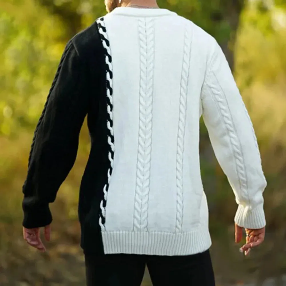 Wiaofellas  -  Mens Tops Casual Versatile Fashionable Cable Knit Contrast Design Long Sleeves Knitted Simple Round Neck Sweaters Autumn