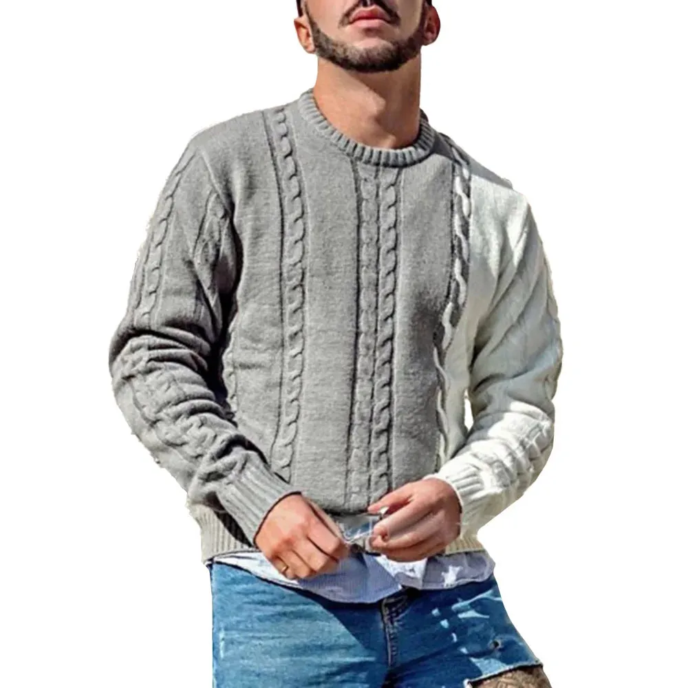 Wiaofellas  -  Mens Tops Casual Versatile Fashionable Cable Knit Contrast Design Long Sleeves Knitted Simple Round Neck Sweaters Autumn