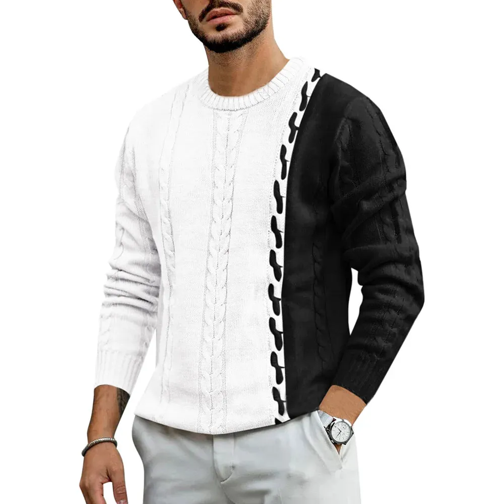 Wiaofellas  -  Mens Tops Casual Versatile Fashionable Cable Knit Contrast Design Long Sleeves Knitted Simple Round Neck Sweaters Autumn