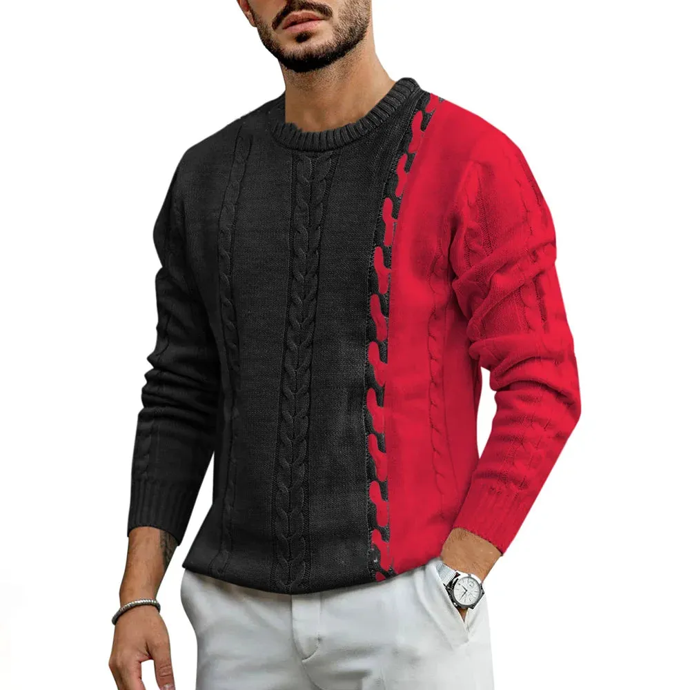 Wiaofellas  -  Mens Tops Casual Versatile Fashionable Cable Knit Contrast Design Long Sleeves Knitted Simple Round Neck Sweaters Autumn