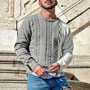 Wiaofellas  -  Mens Tops Casual Versatile Fashionable Cable Knit Contrast Design Long Sleeves Knitted Simple Round Neck Sweaters Autumn