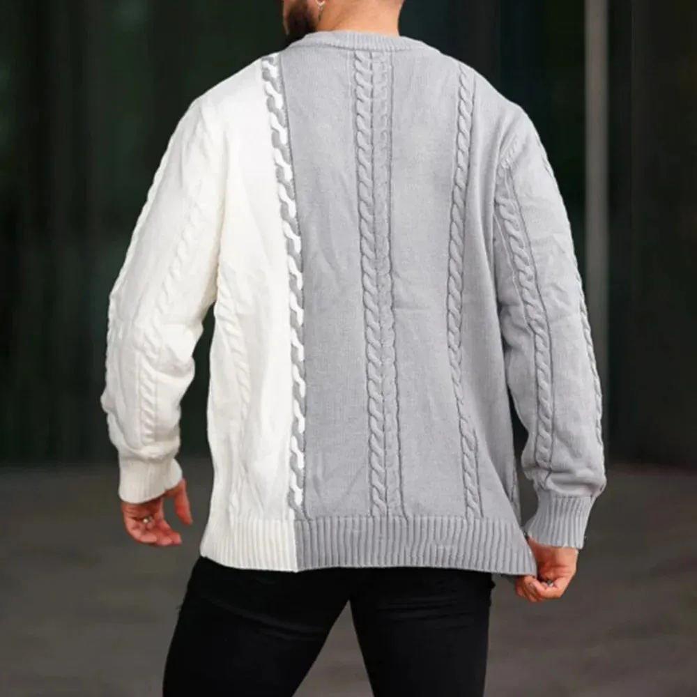 Wiaofellas  -  Mens Tops Casual Versatile Fashionable Cable Knit Contrast Design Long Sleeves Knitted Simple Round Neck Sweaters Autumn