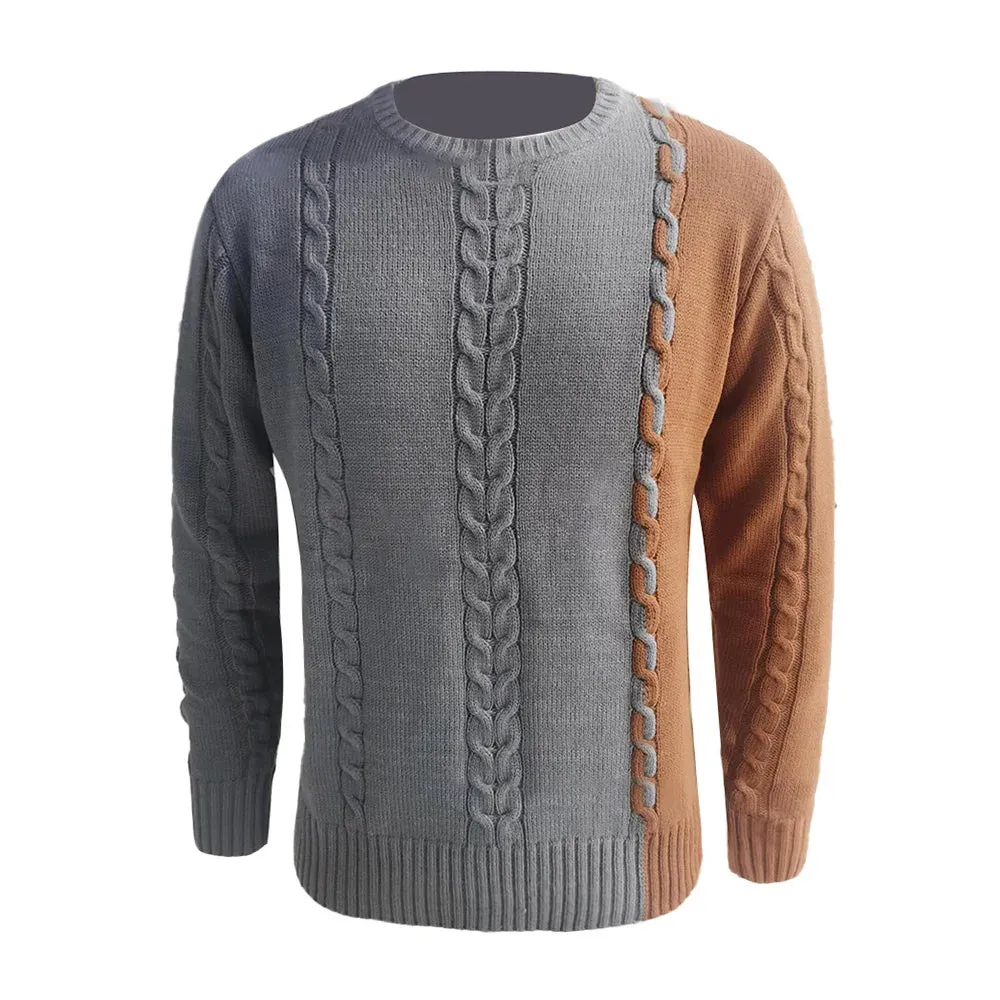 Wiaofellas  -  Mens Tops Casual Versatile Fashionable Cable Knit Contrast Design Long Sleeves Knitted Simple Round Neck Sweaters Autumn