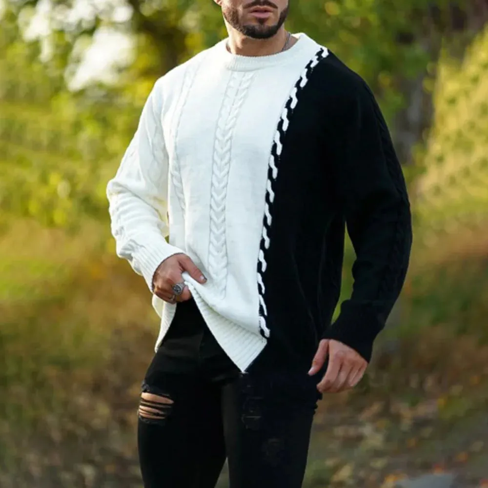Wiaofellas  -  Mens Tops Casual Versatile Fashionable Cable Knit Contrast Design Long Sleeves Knitted Simple Round Neck Sweaters Autumn