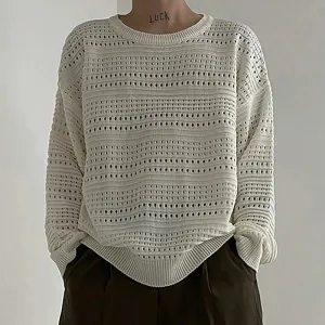 Wiaofellas  -  Vintage Solid Color Mens Sweaters Knitted Ribbed Crew Neck Long Sleeve Jumper Tops Men Knitwear Fashion Loose Knitting Pullover