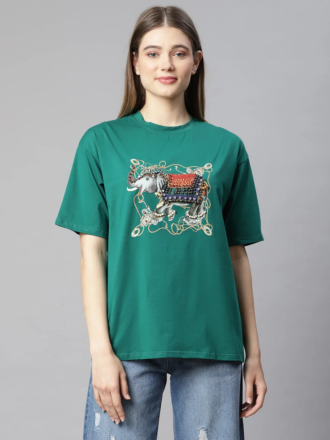 Women Animation Printed Green Tee T-Shirt