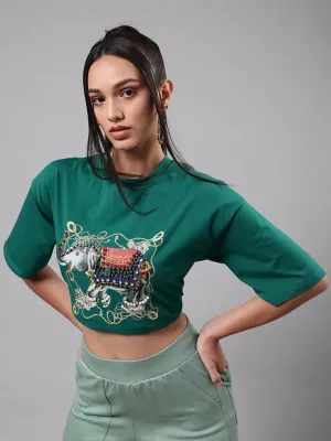 Women Animation Printed Green Tee T-Shirt