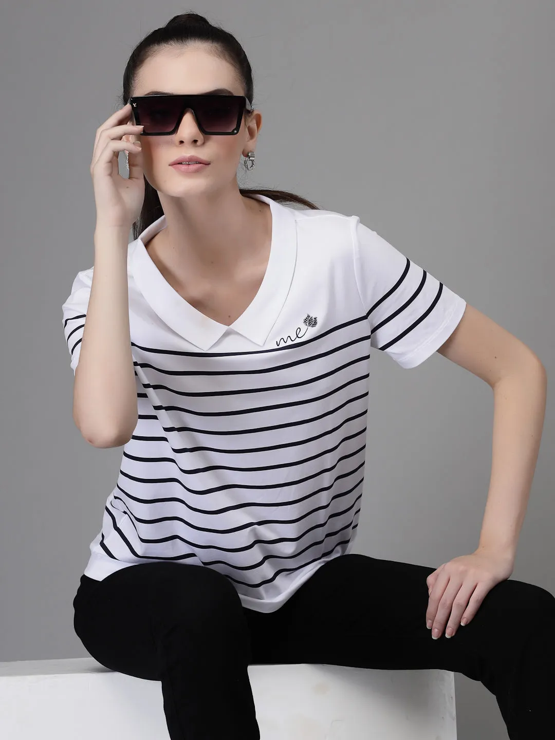 Women Collar Neck Printed White T-Shirt