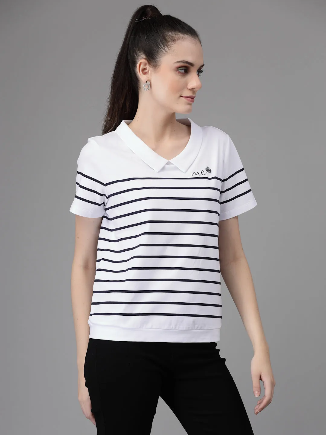 Women Collar Neck Printed White T-Shirt