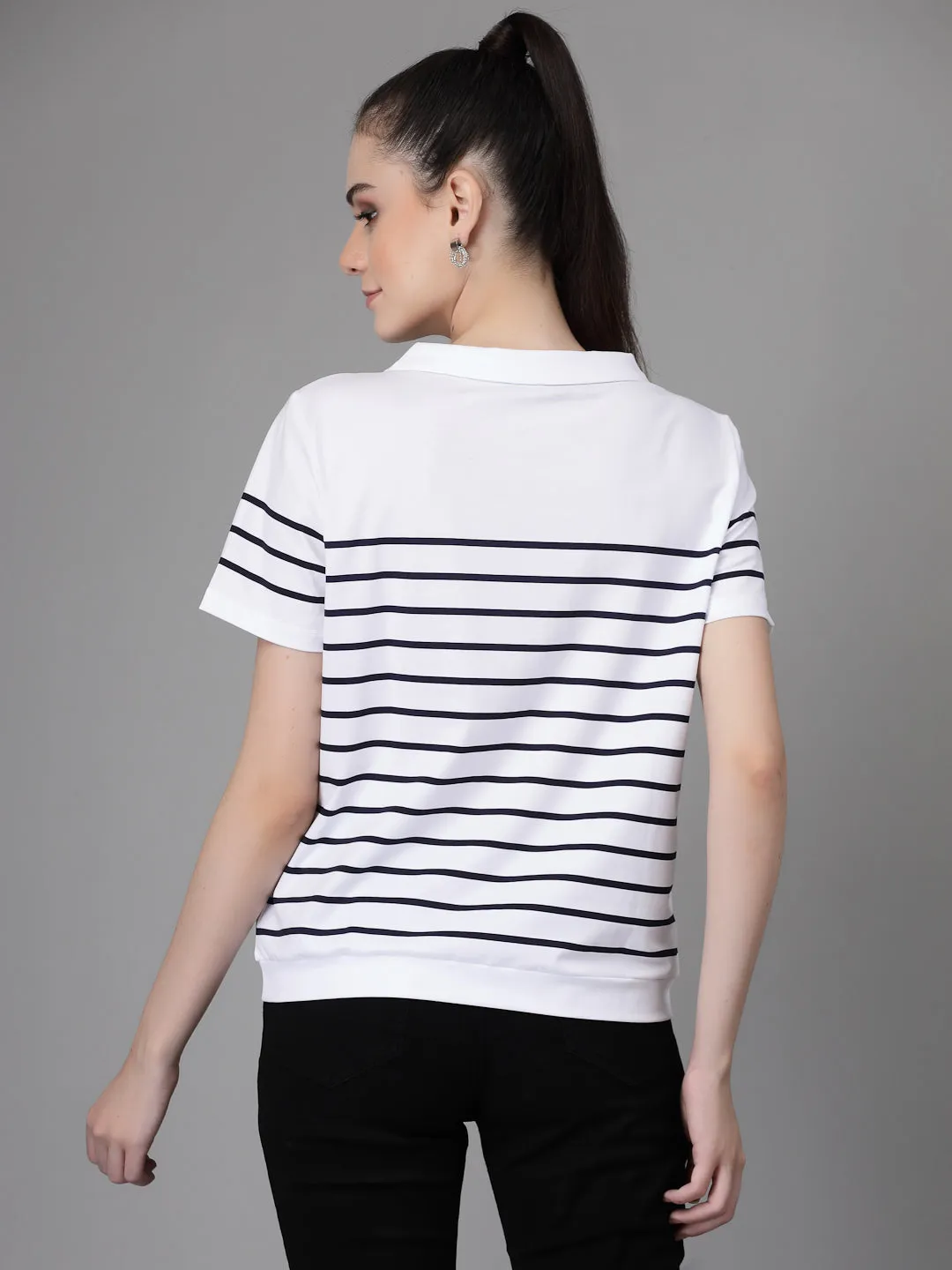 Women Collar Neck Printed White T-Shirt